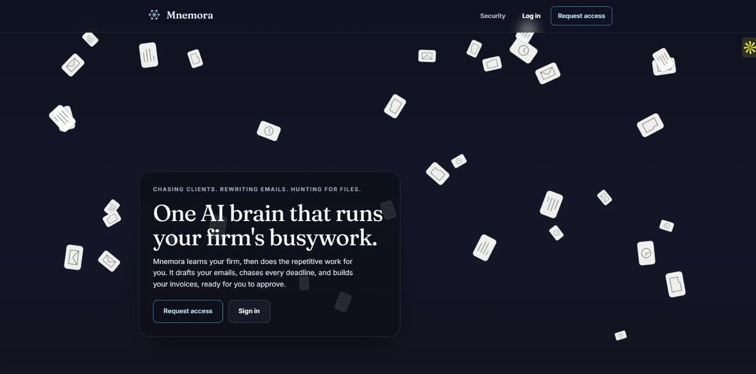 The Mnemora home page. Loose documents, emails and clock icons drift across a dark background behind a panel reading One AI brain that runs your firm's busywork.