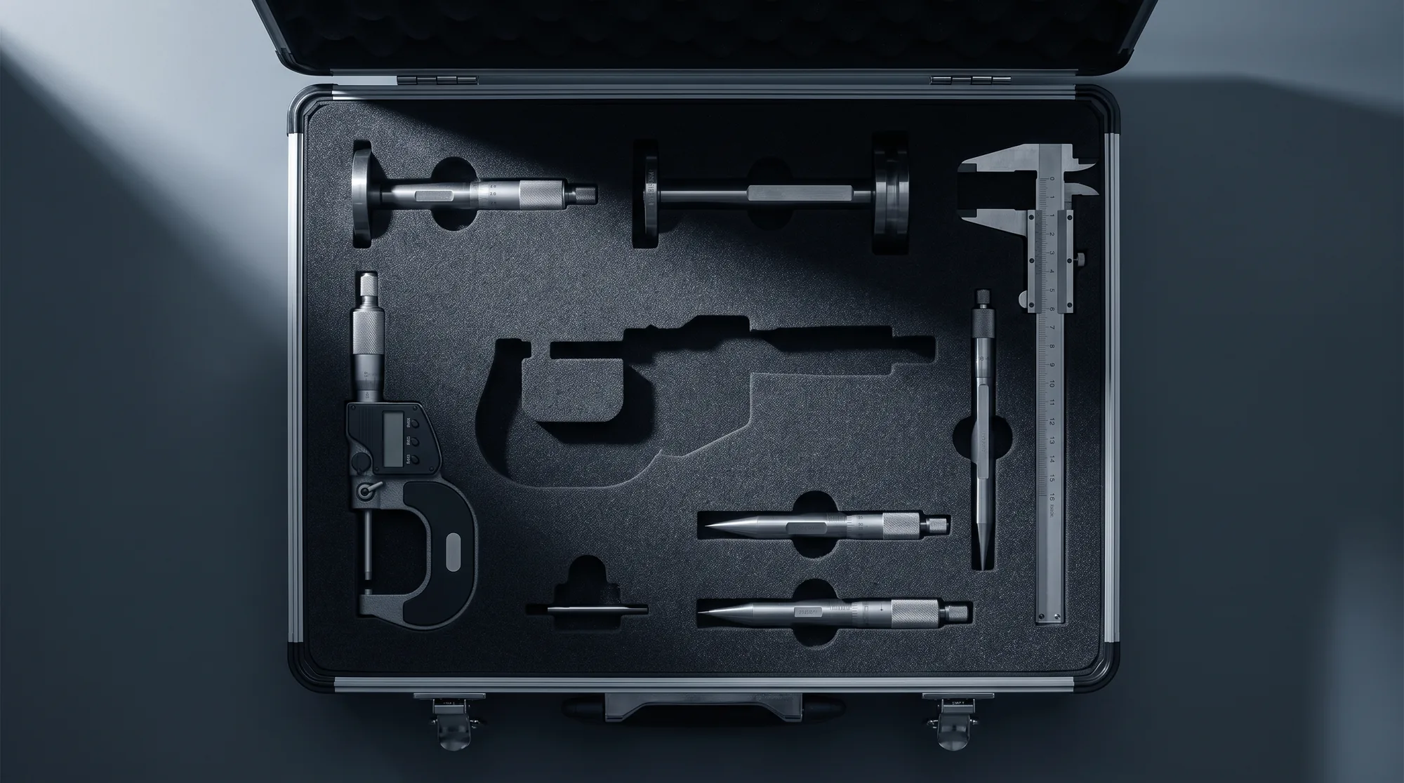 An open instrument case lined with cut foam, every recess holding a machined steel tool except one in the middle, which sits empty and waiting.