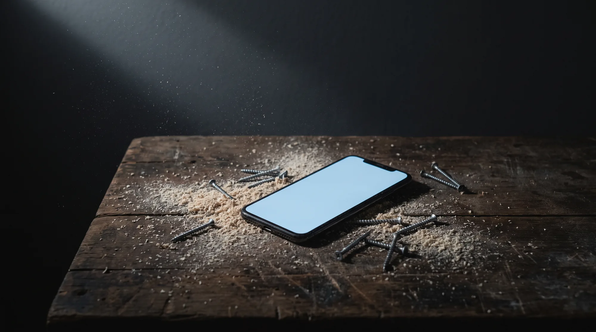 A phone lying face up on a scarred timber workbench, its screen lit and blank, surrounded by scattered screws and a drift of sawdust.