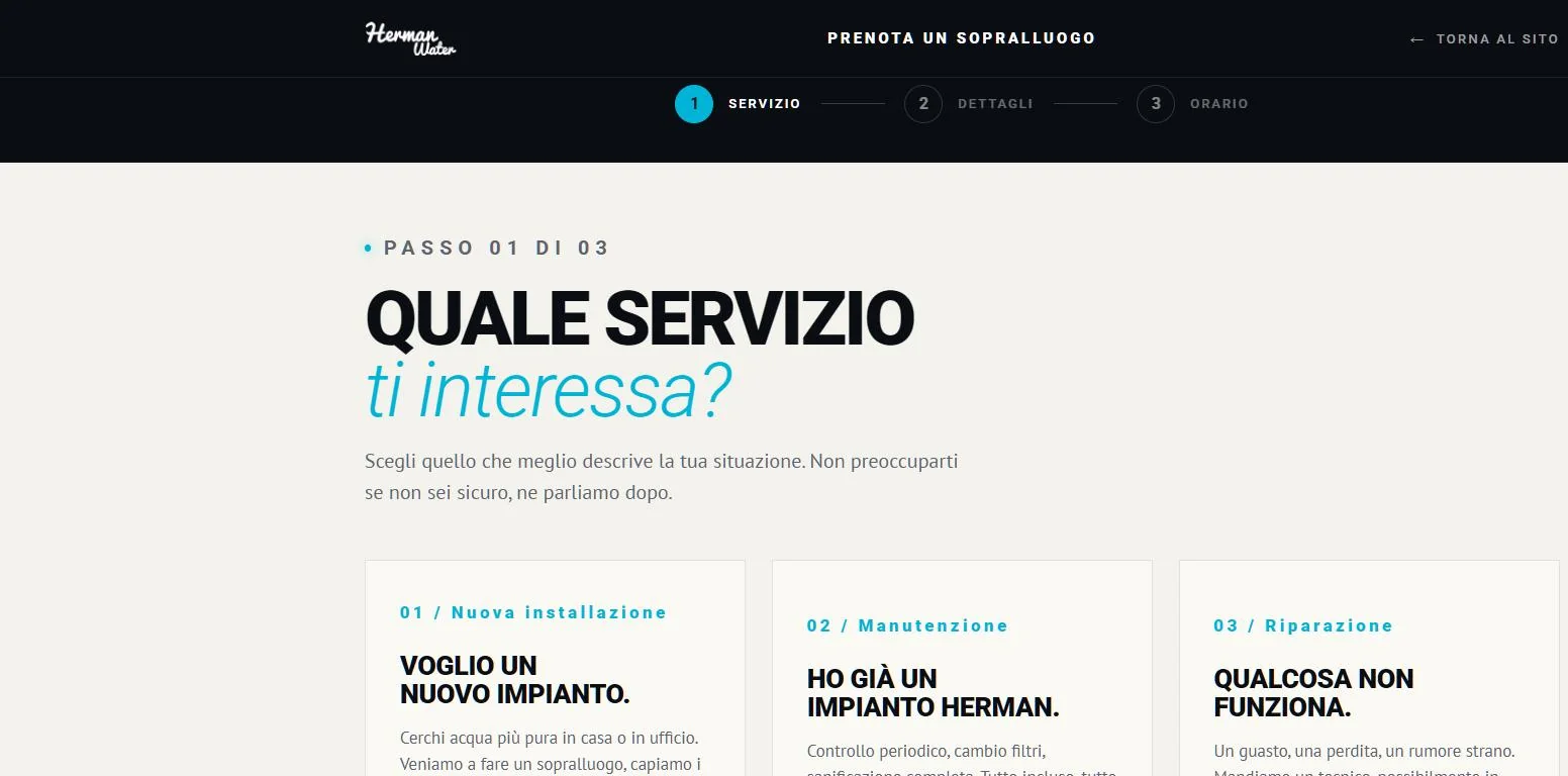 Step one of the Herman Water booking flow, headed Quale servizio ti interessa, with three cards offering a new installation, maintenance on an existing system, or a repair.