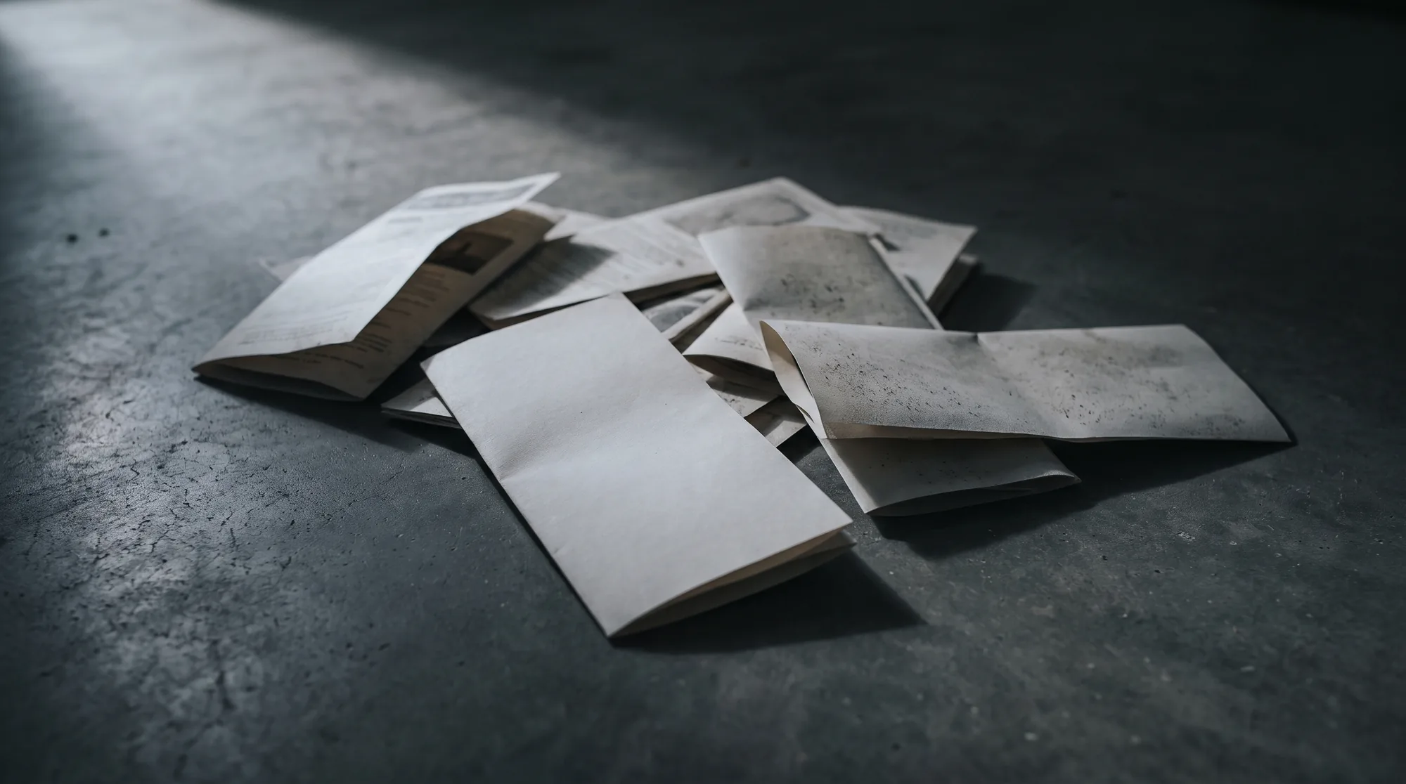 A scattered pile of folded paper brochures left on a dark concrete floor, creased and dusty, lit by one hard raking light.