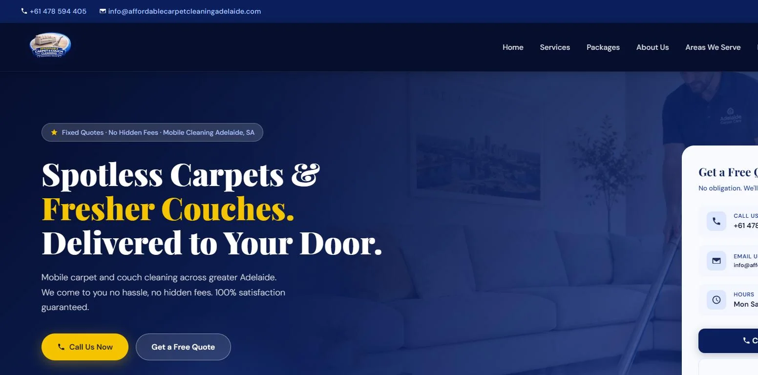 The Affordable Carpet and Couch Cleaning home page. A deep blue hero over a photograph of a carpet being steam cleaned, headed Spotless Carpets and Fresher Couches, Delivered to Your Door, with Call Us Now and Get a Free Quote buttons.