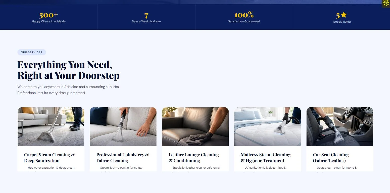 The services section of the same site, headed Everything You Need Right at Your Doorstep, with photographed cards for carpet steam cleaning, upholstery, leather lounges, mattresses and car seats.