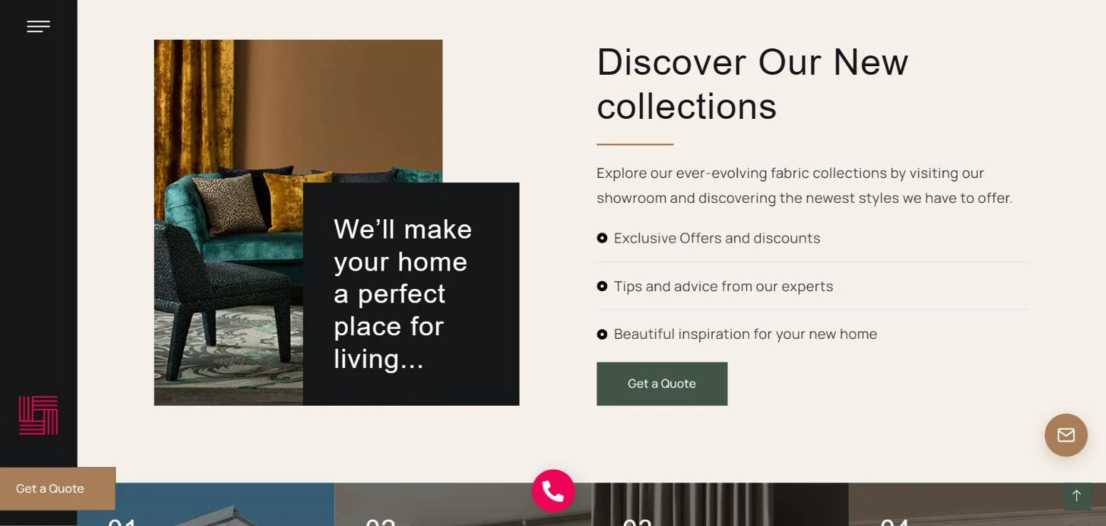 A section of the Now Interiors site headed Discover Our New collections, with a photograph of a styled living room beside a dark panel reading We'll make your home a perfect place for living, three benefit lines and a Get a Quote button.