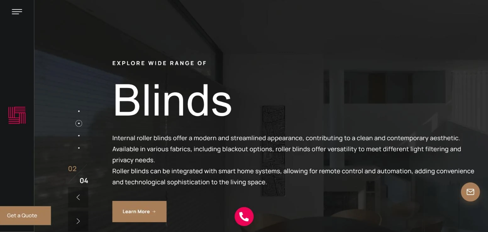 The Now Interiors home page. A photograph of a living room with roller blinds fills the screen behind the heading Blinds, three lines of copy about roller blind fabrics, and a Learn More button.