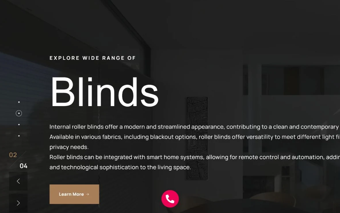 The Now Interiors home page, showing a full bleed photograph of a room with roller blinds behind the word Blinds and a Learn More button.