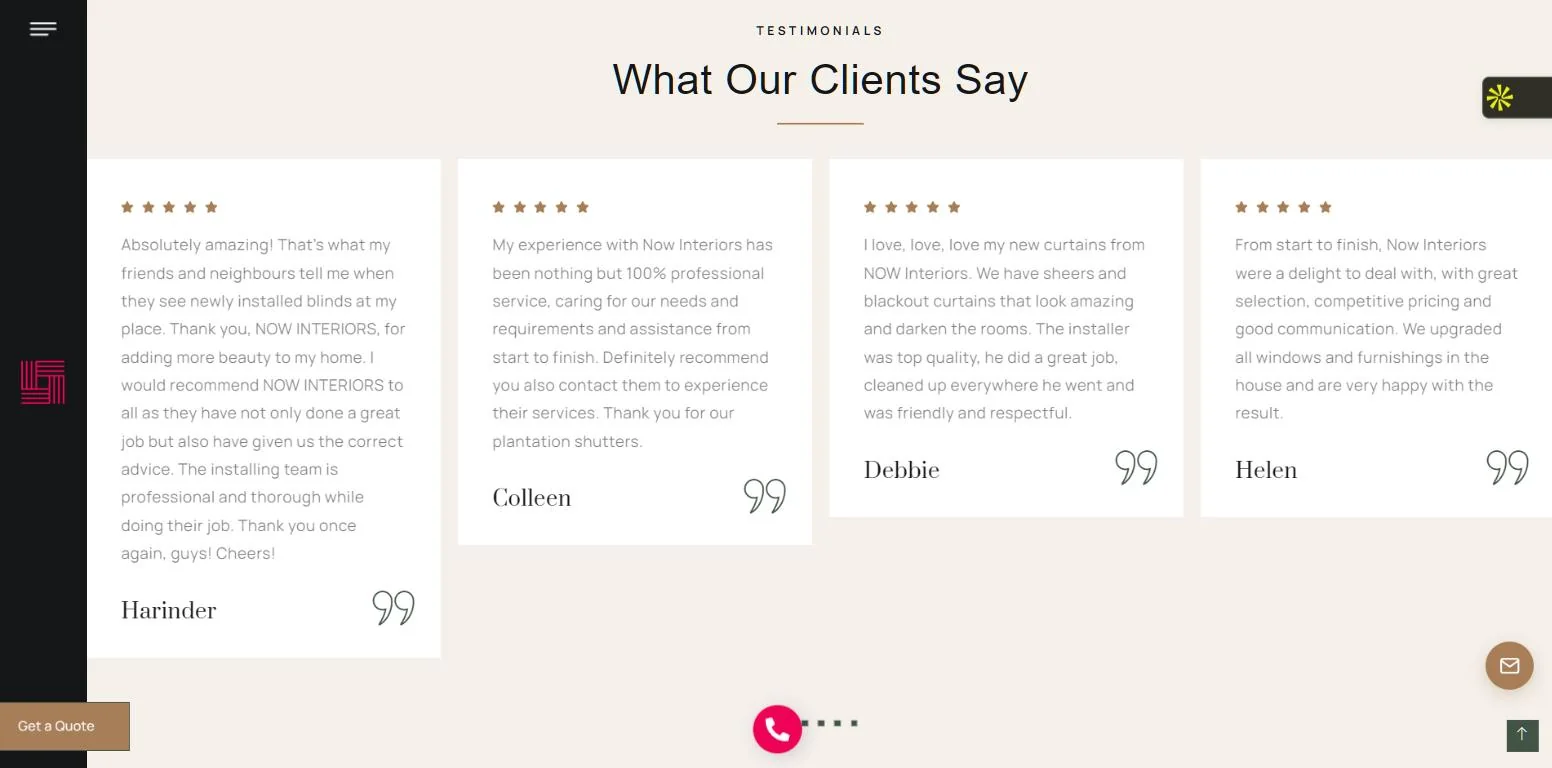 A row of five star customer reviews on the Now Interiors site, headed What Our Clients Say, with named quotes from Harinder, Colleen, Debbie and Helen.